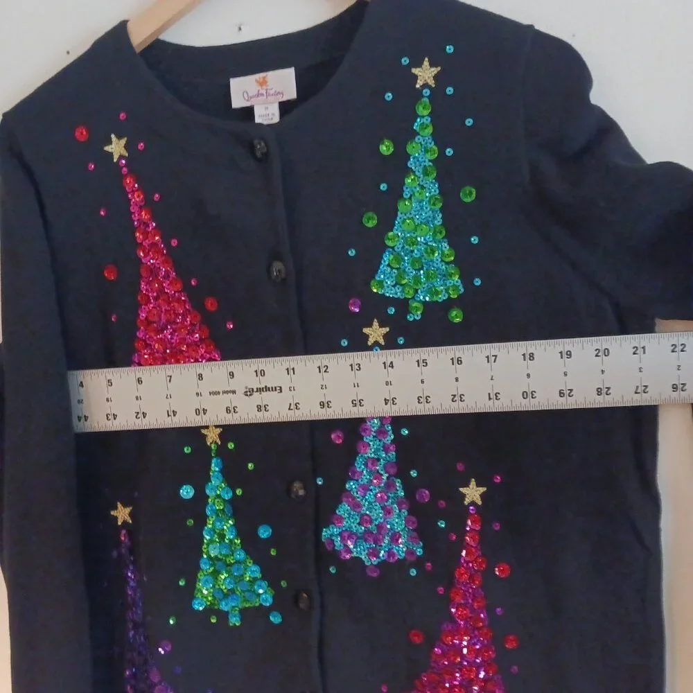 Quaker Factory NWOT Black Christmas Cardigan W/ Multi Color Sequins, Size Med.
